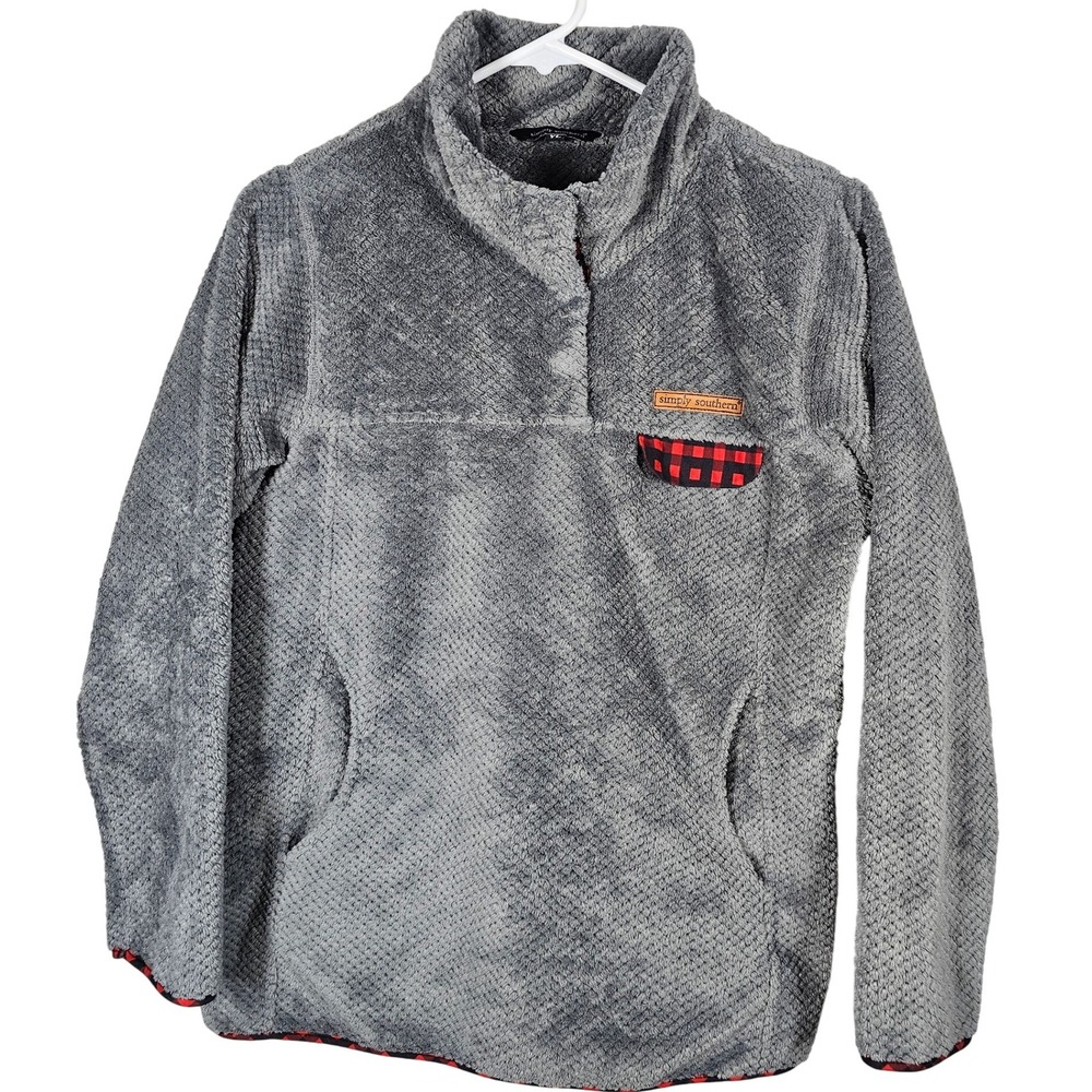 Simply‎ Southern Pullover Fleece Gray Buffalo Plaid Trim YL Youth Large
